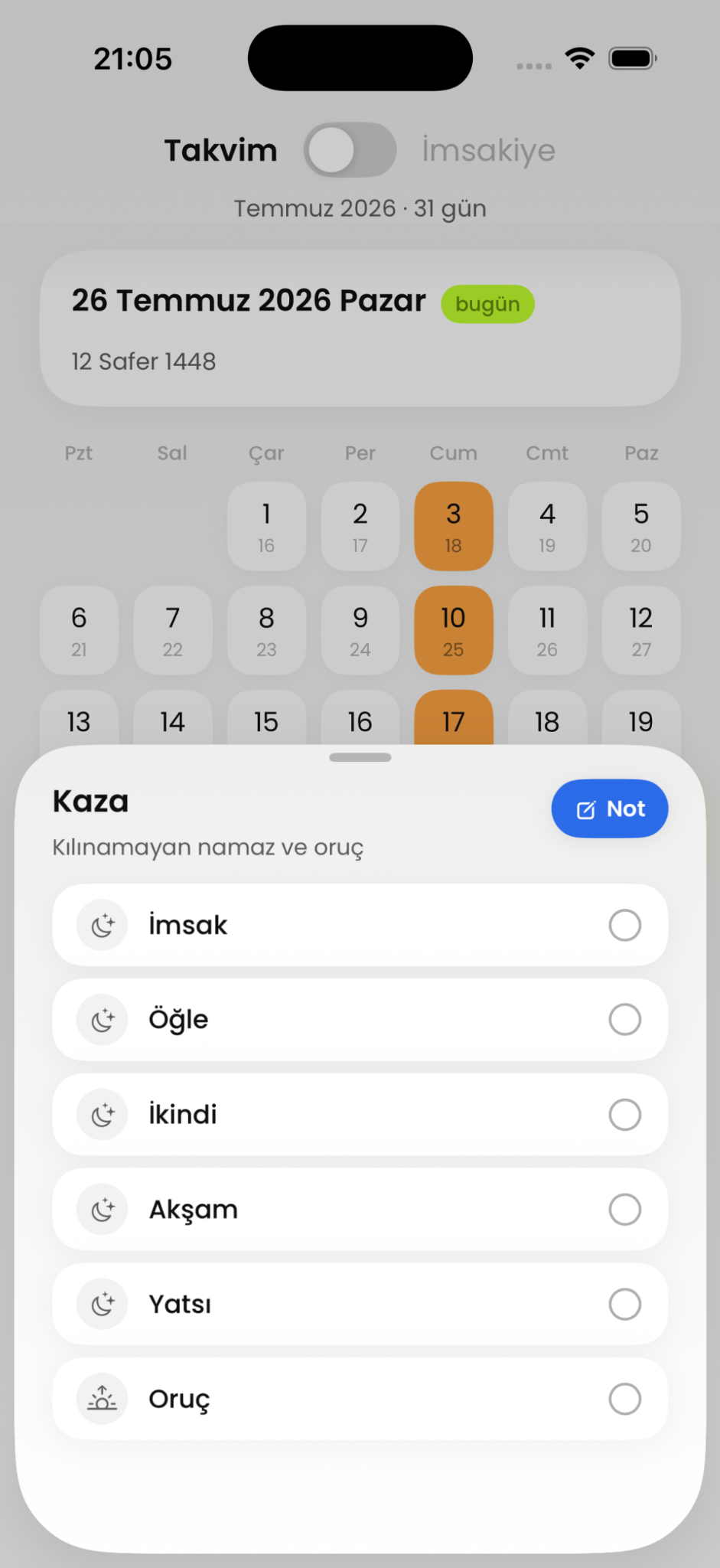 Takvim, imsakiye ve kaza takibi ekranı