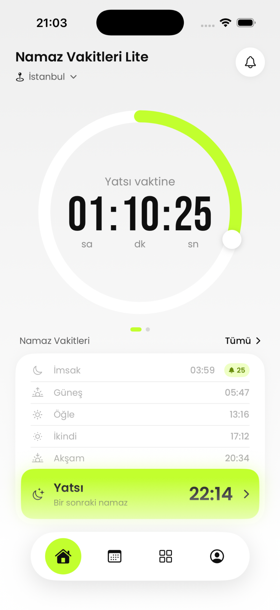 Namaz vaktine kalan süreyi gösteren ana ekran