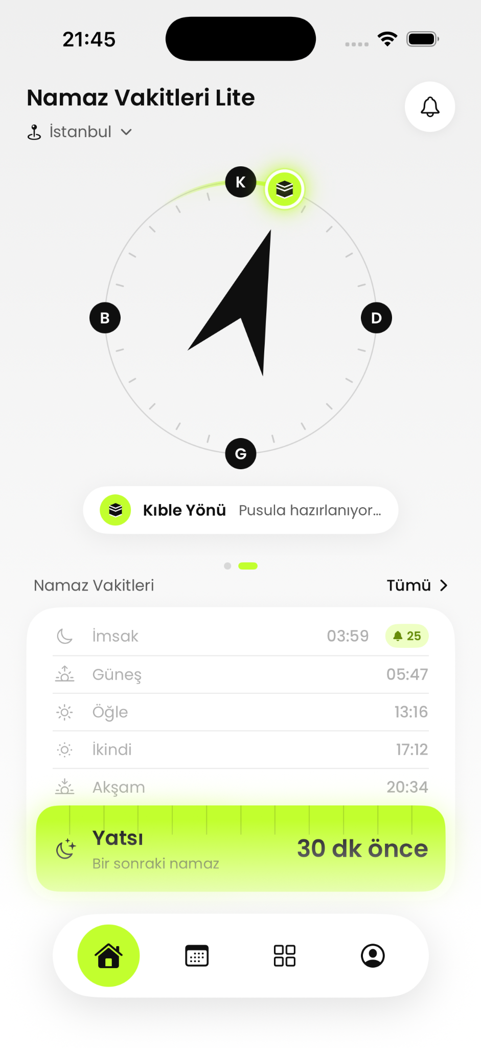Kıble yönü pusulası ekranı